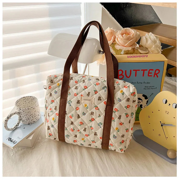 Women's Floral Quilted Shoulder Bag — Large Capacity Cotton Linen Tote