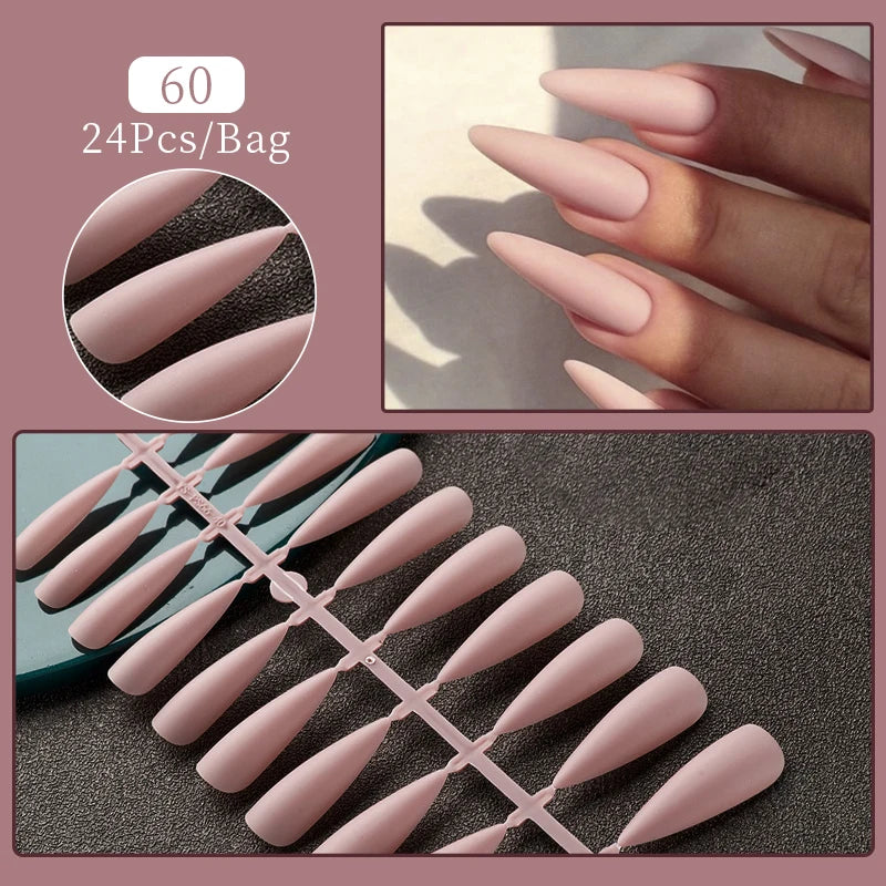 Frosted Almond & Coffin Press On Nails — 24Pcs Full Cover Nail Tips