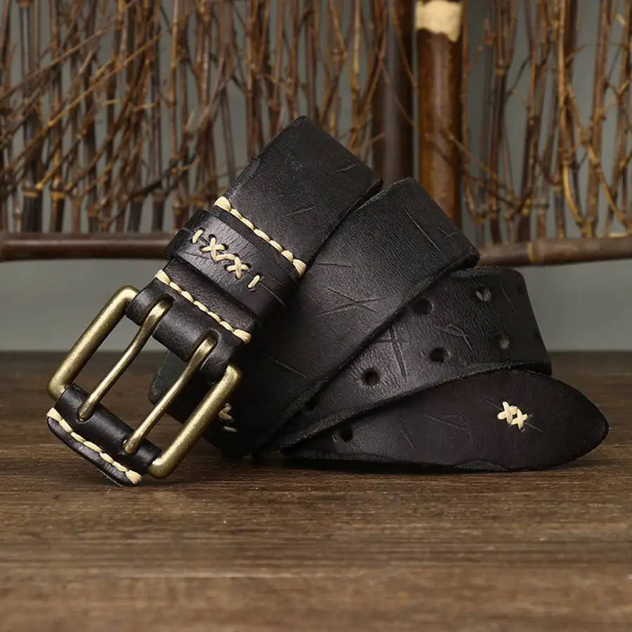 Men's Leather Double Needle Buckle Classic Tow Row Hole Jeans Belt Cowboy Hollowed Out Waistband Width:3.8cm Length:105-125cm