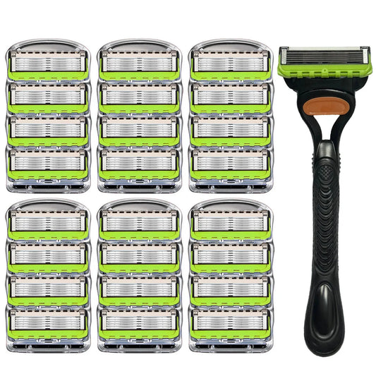 Men's 5-Layer Stainless Steel T-Shaped Safety Razor Blades – Classic Orange-Black Replaceable Shaving Blades | 4 to 16 Blades + Holder Options