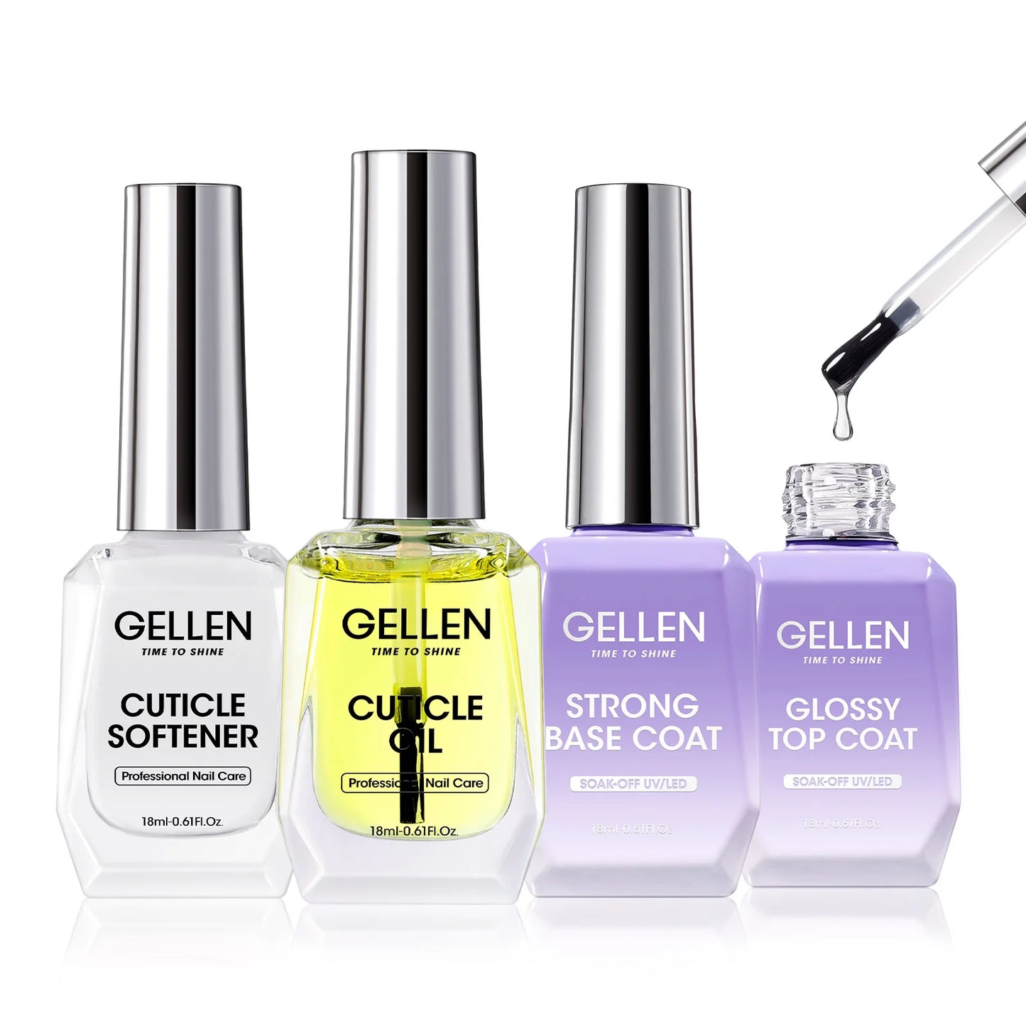 GELLEN Professional Gel Nail Set — 18ml 4-Piece Base Coat, Top Coat & Strengthener Kit for Long-Lasting Manicures