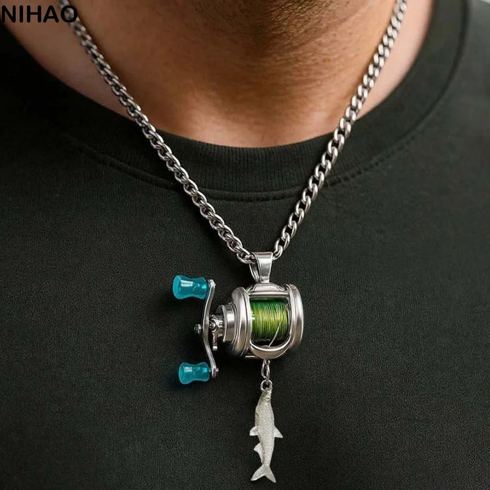 Luxury Fishing Reel Necklace Rotatable Detachable Fishing Reel Ring Exquisite Silver Men Neck Pendant Versatile Jewelry