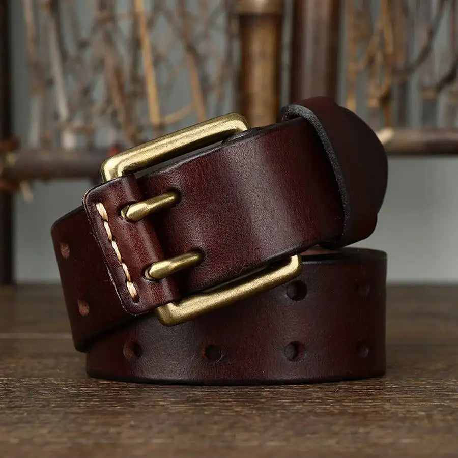 Men's Leather Double Needle Buckle Classic Tow Row Hole Jeans Belt Cowboy Hollowed Out Waistband Width:3.8cm Length:105-125cm