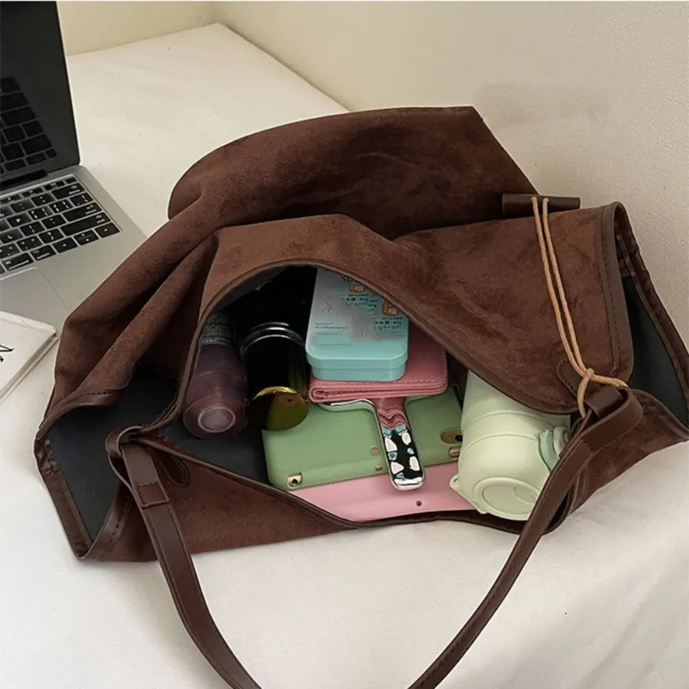 Women's Large Capacity Suede Shoulder Bag — Retro Korean Style Tote Handbag