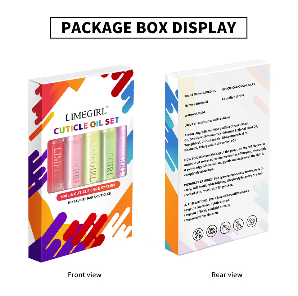LIMEGIRL 6PCS Nail Care Nutritional Cuticle Oil Pen Gift Box Set for Nail Polish Nutrition Oil Dead Skin Crack Care Nail Set