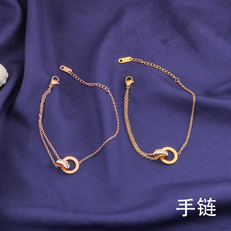 Personality Roman Numeral Double Ring Cross Zircon Bracelet for Women Korea Fashion Gold Color Stainless Steel Bangle Jewelry