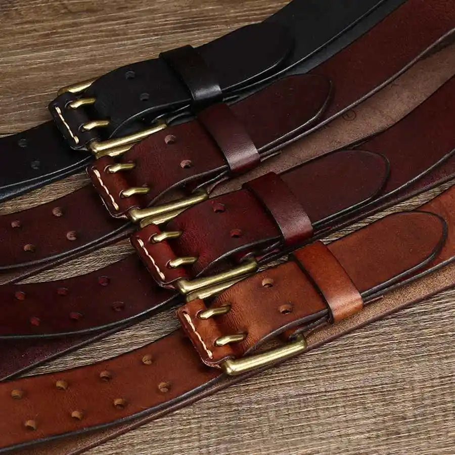 Men's Leather Double Needle Buckle Classic Tow Row Hole Jeans Belt Cowboy Hollowed Out Waistband Width:3.8cm Length:105-125cm
