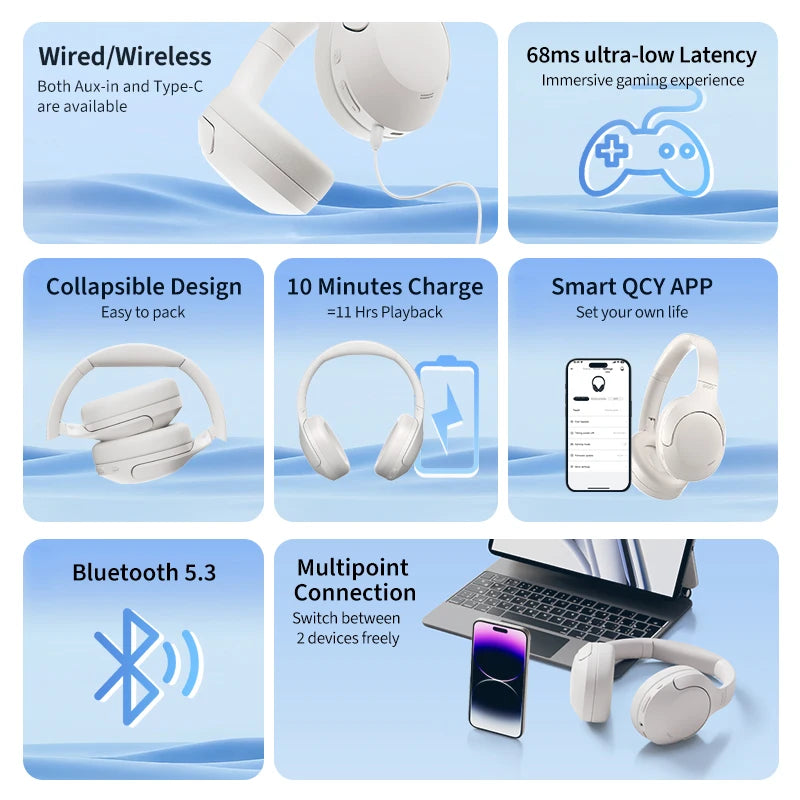 QCY H3 Lite ANC Wireless Headphones — Bluetooth 5.3, 60H Battery, Active Noise Cancelling