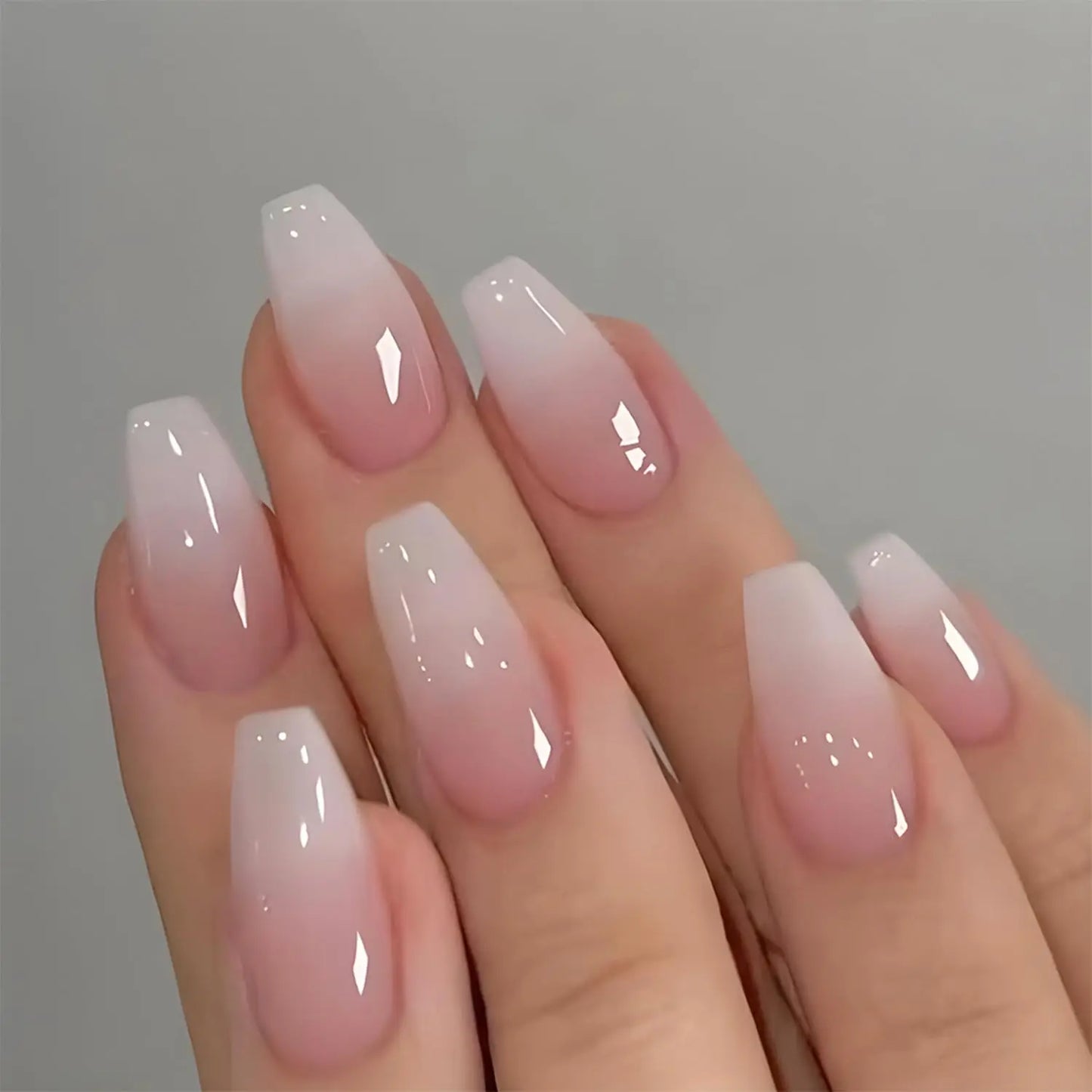 24-Piece Short Square Press-On Nails – Pinkish-White Gradient with Nail Glue & File Kit