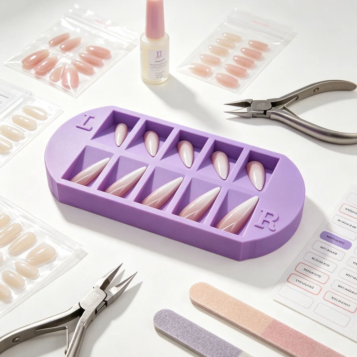 8-Grid Nail Tip Storage Tray with L/R Mark | Reusable False Nail Display Organizer for Salon & Home Manicure — Purple, Pink & Green