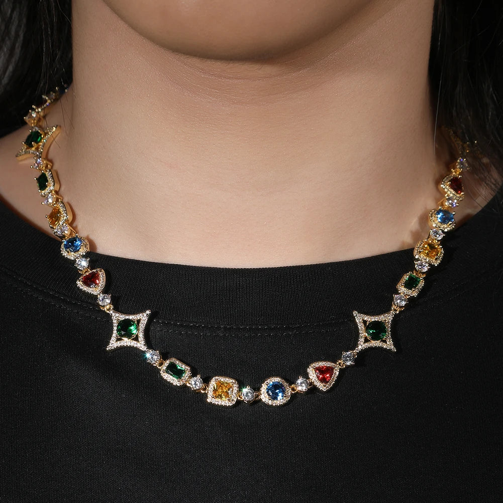 THE BLING KING Women Rainbow Necklace Iced Out Multi Color Triangle Round Rectangle Gemstoms Bracelet HipHop Jewelry For Gift