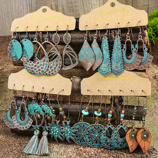 Vintage Ethnic Turquoise Boho Tassel Drop Earrings for Women – Hollow Geometric Bead Jewelry