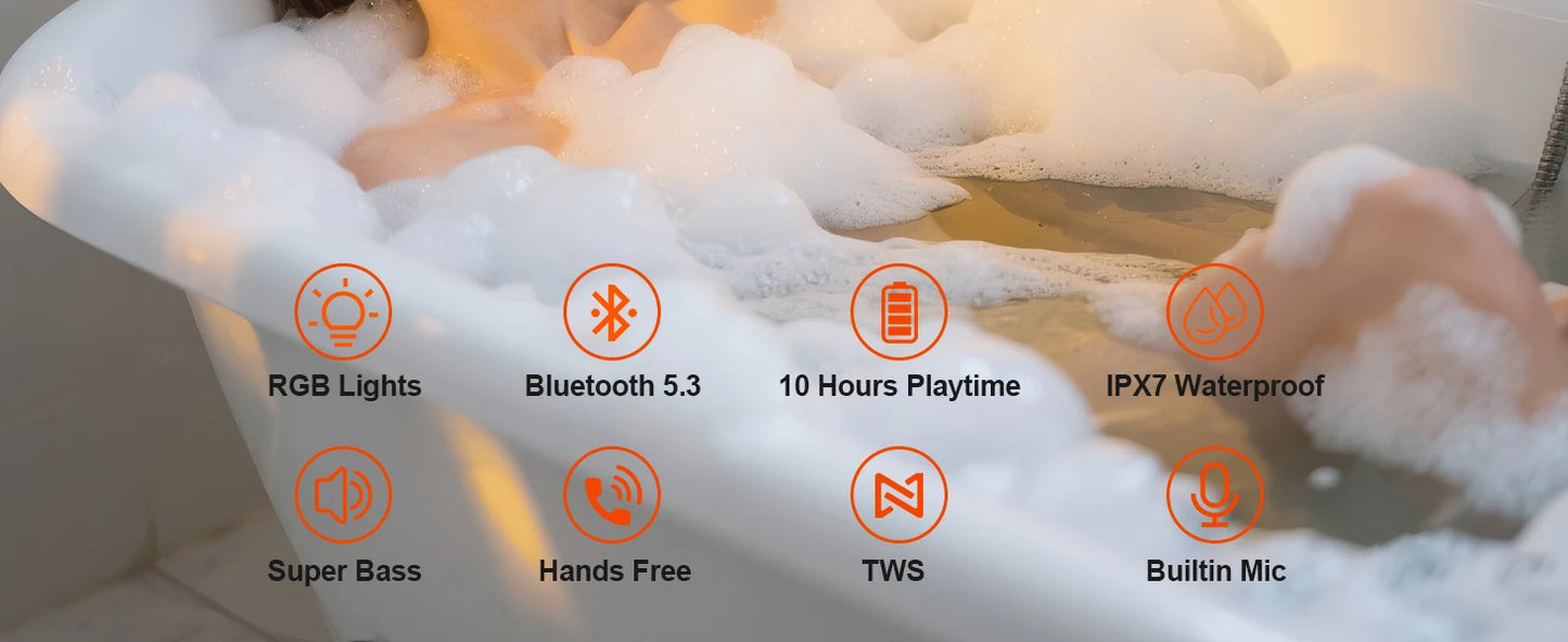 Ortizan IPX7 Waterproof Bluetooth Shower Speaker — 15W HD Sound, RGB Lights, 10Hr Battery