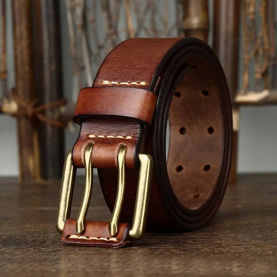 Men's Leather Double Needle Buckle Classic Tow Row Hole Jeans Belt Cowboy Hollowed Out Waistband Width:3.8cm Length:105-125cm