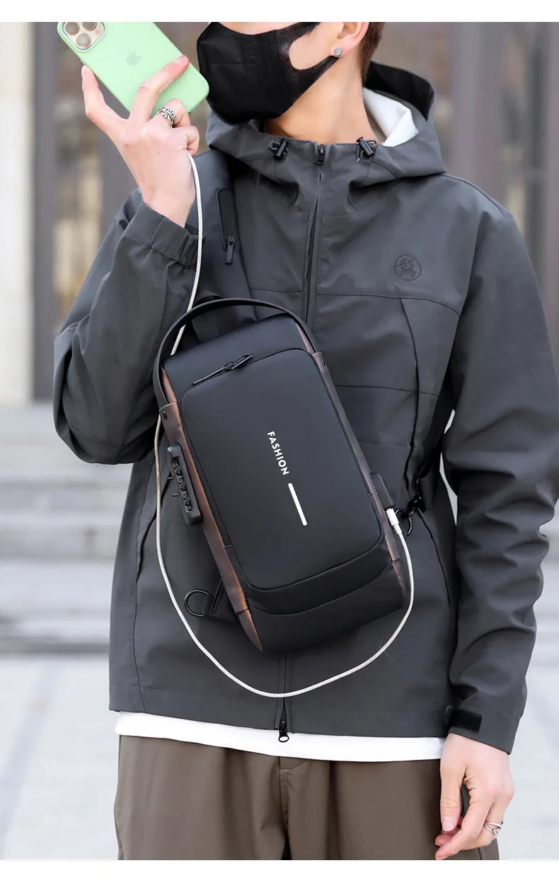 Men's Anti-Theft Chest Bag — Password Lock, USB Port & Waterproof Crossbody Sling