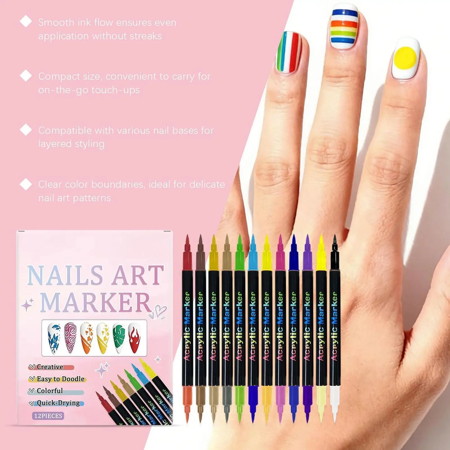 12 Colors Nail Polish Pens — Dual-Ended Quick Dry Nail Art Markers