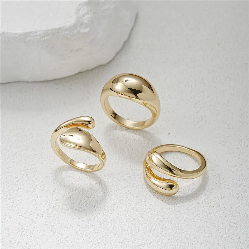 3-Piece Gold Geometric Open Ring Set – Chunky Zircon Statement Rings