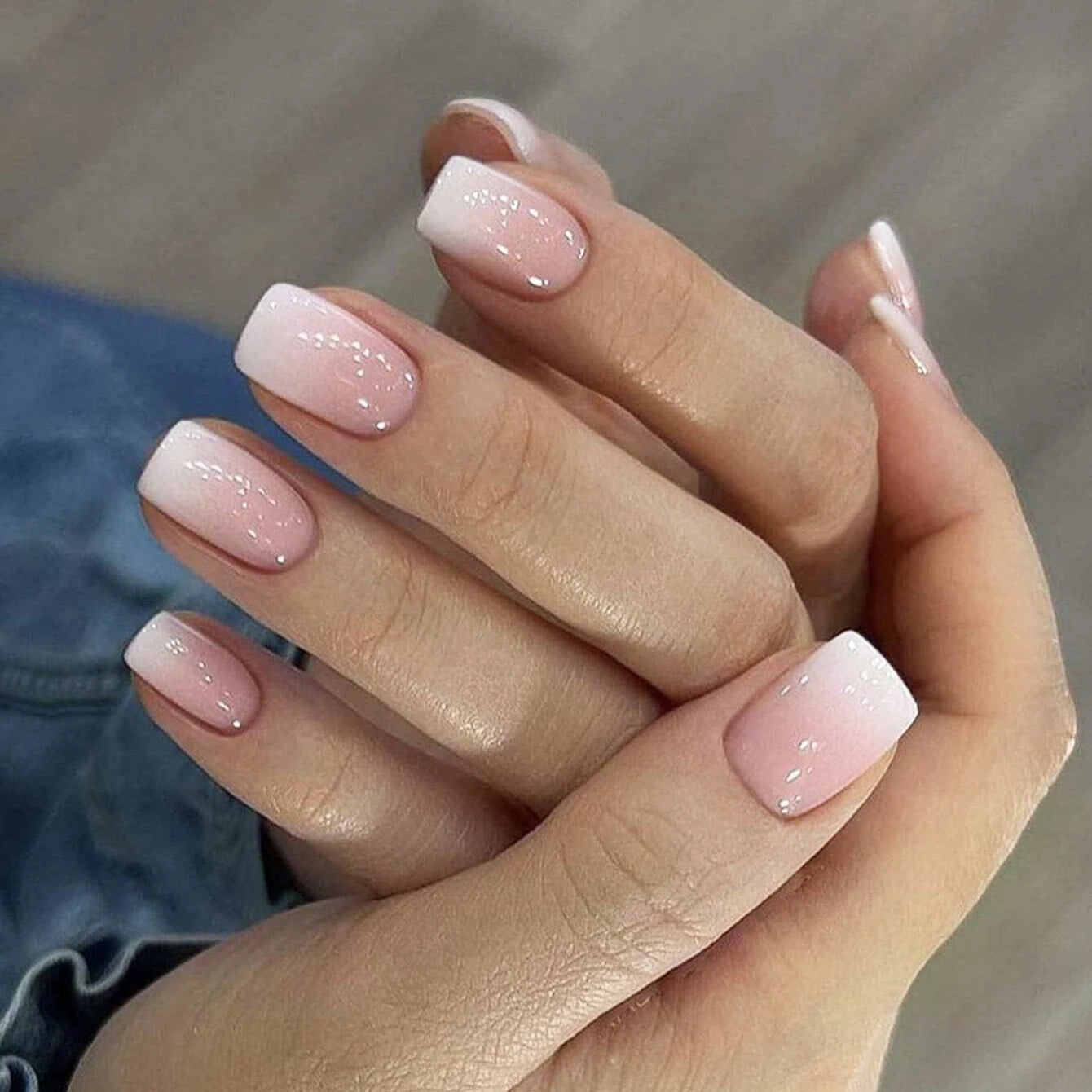 24-Piece Short Square Press-On Nails – Pinkish-White Gradient with Nail Glue & File Kit
