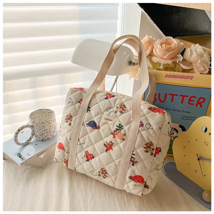 Women's Floral Quilted Shoulder Bag — Large Capacity Cotton Linen Tote