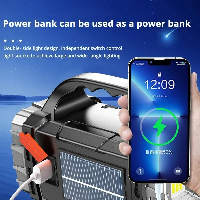 Portable Powerful USB Rechargeable Flashlights Solar LED Light With COB Work Light 4 Gear Charge Mobile Phone Camping Lamps
