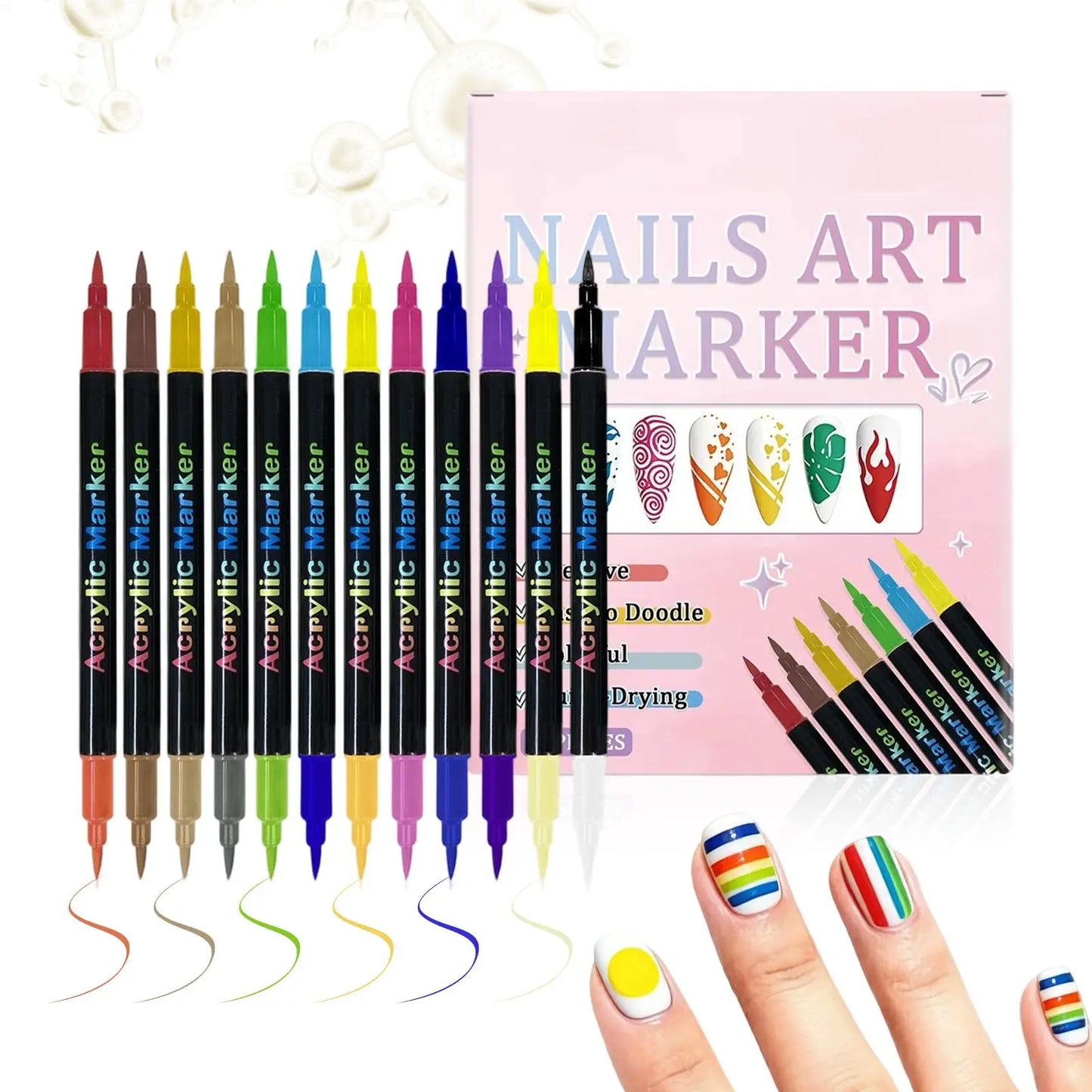 12 Colors Nail Polish Pens — Dual-Ended Quick Dry Nail Art Markers