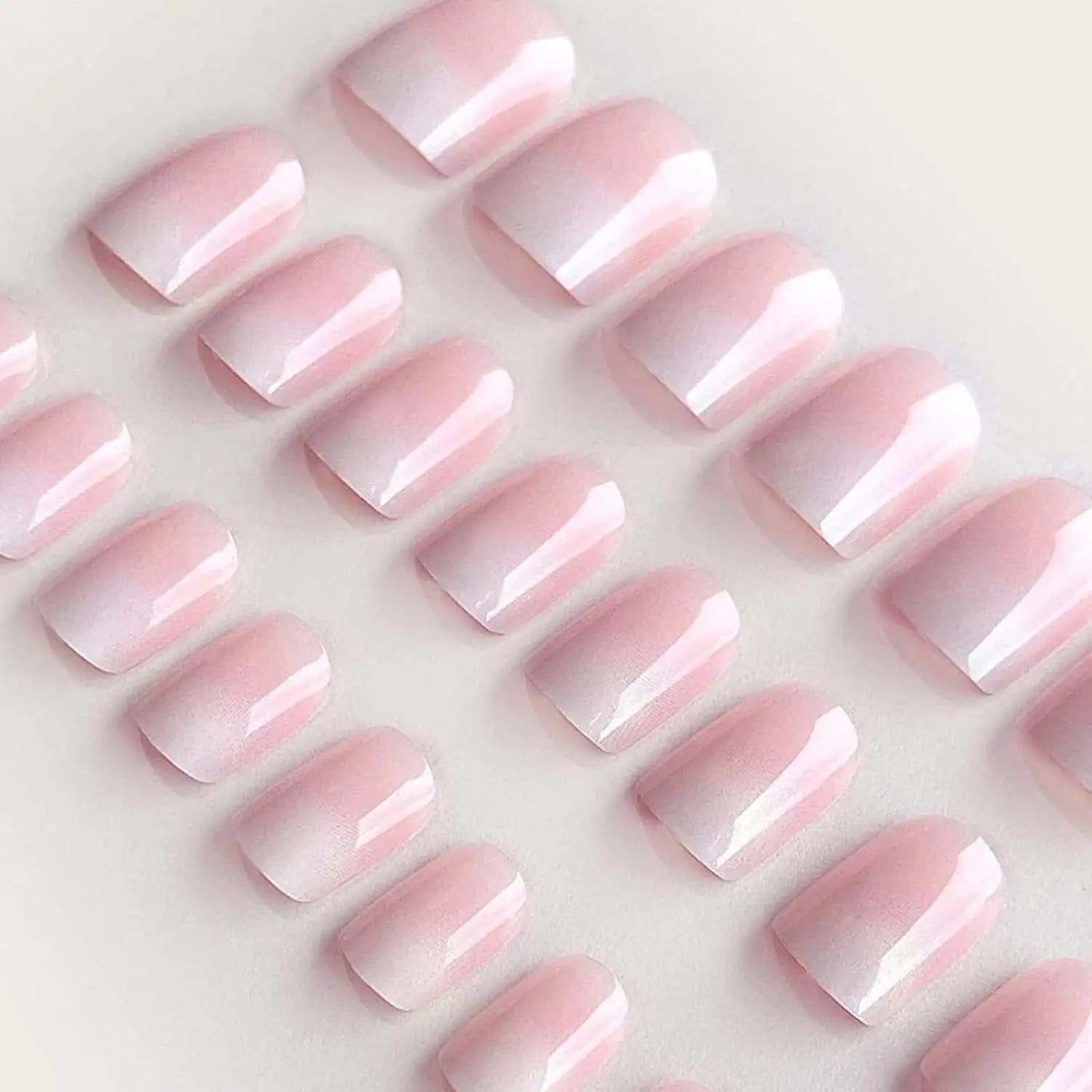 24-Piece Short Square Press-On Nails – Pinkish-White Gradient with Nail Glue & File Kit