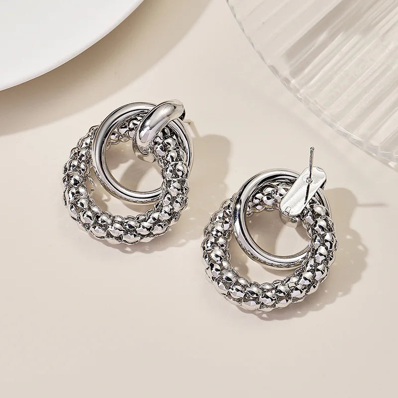 Big Shiny Double Ring Stud Earrings for Women – Bold Round Metal Drop Fashion Jewelry