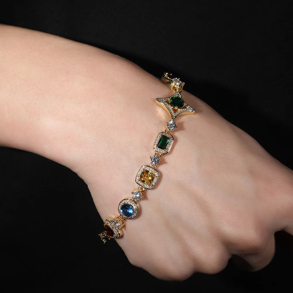 THE BLING KING Women Rainbow Necklace Iced Out Multi Color Triangle Round Rectangle Gemstoms Bracelet HipHop Jewelry For Gift