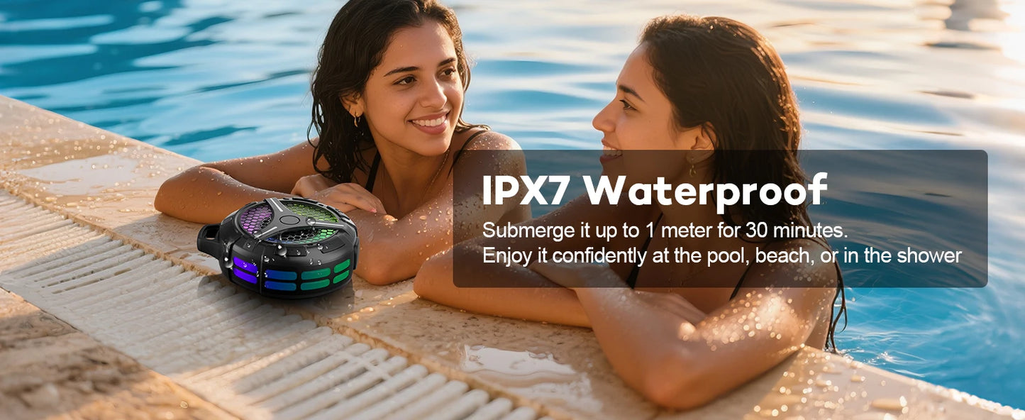 Ortizan IPX7 Waterproof Bluetooth Shower Speaker — 15W HD Sound, RGB Lights, 10Hr Battery