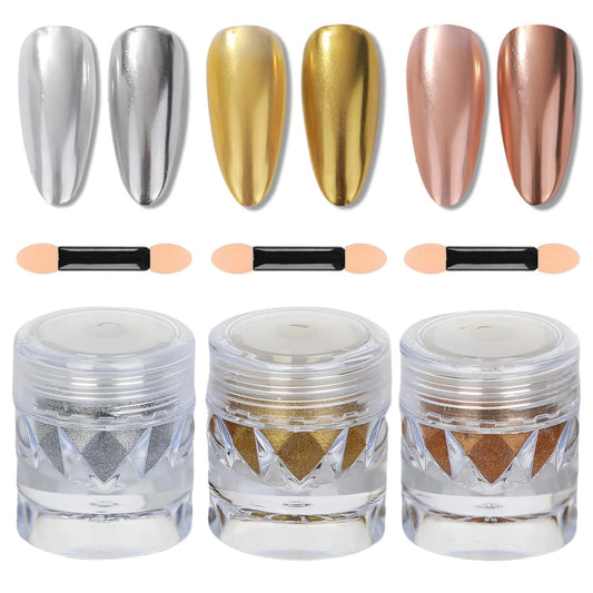 3-piece mirror-finish nail polish powder set, perfect for DIY nail art and creating captivating artistic nail designs. A great t