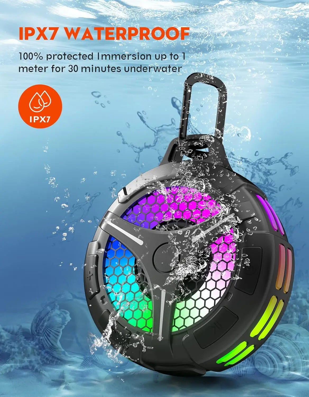 Ortizan IPX7 Waterproof Bluetooth Shower Speaker — 15W HD Sound, RGB Lights, 10Hr Battery