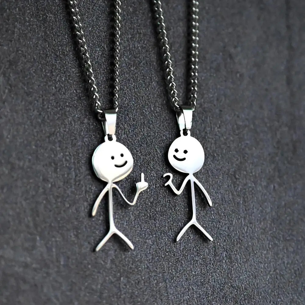 2025 Funny Middle Finger Stickman Necklace For Women Men Trend Titanium Steel Heart Pendant Chain Love Jewelry Couple Party Gift