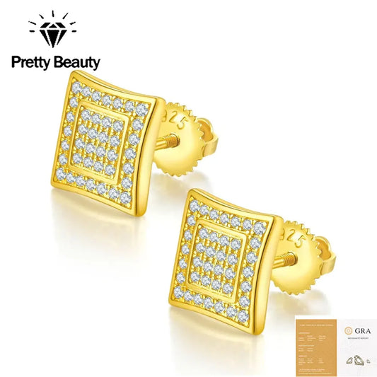Pretty Beauty Full Pave Moissanite Square Stud Earrings for Women 925 Silver Screw Back Earrings Hypoallergenic Everyday Jewelry