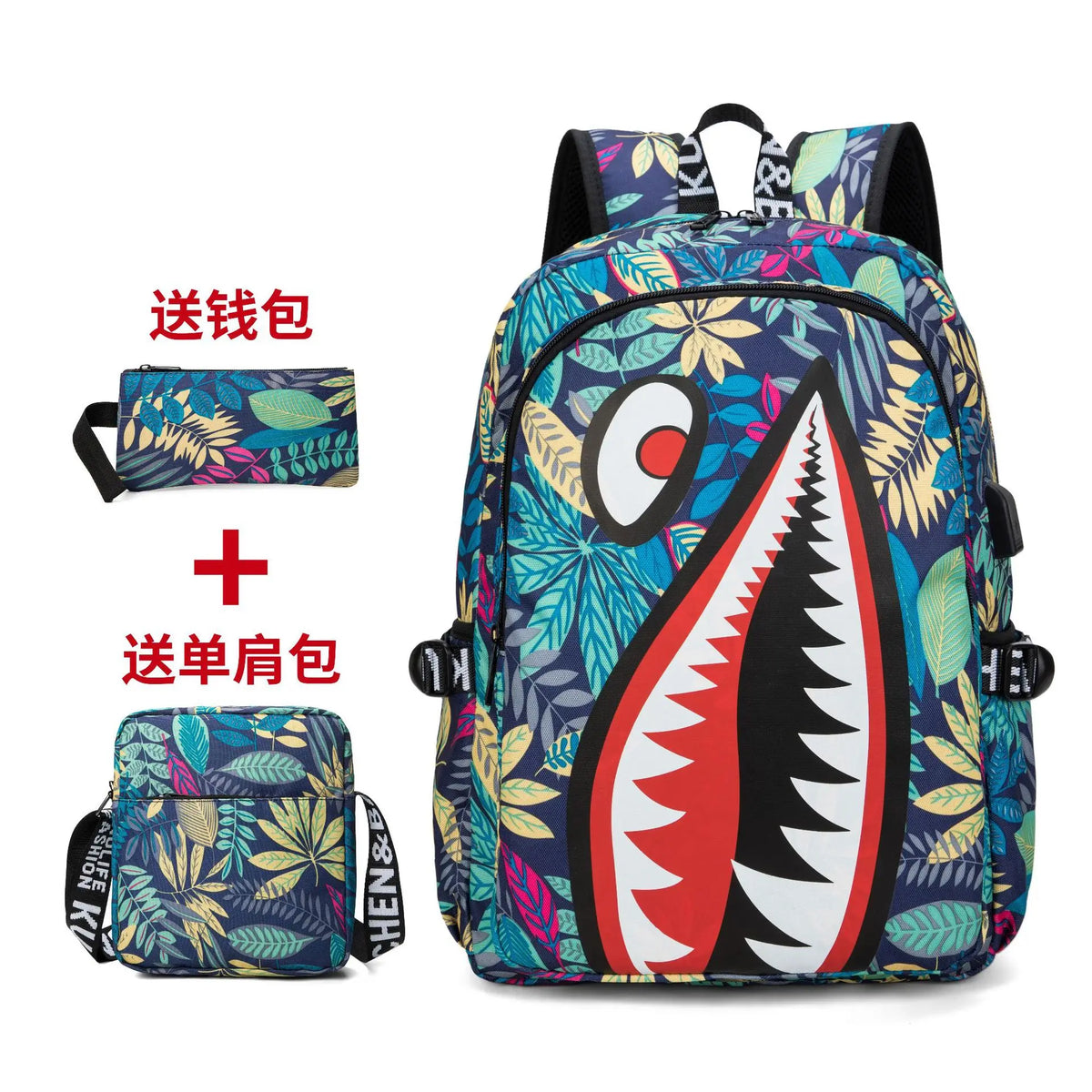 Anime Backpack Elementary Bookbag Travel Rucksack Cartoon Shark Print Primary School Student Satchel Backpack Mochila Infantil