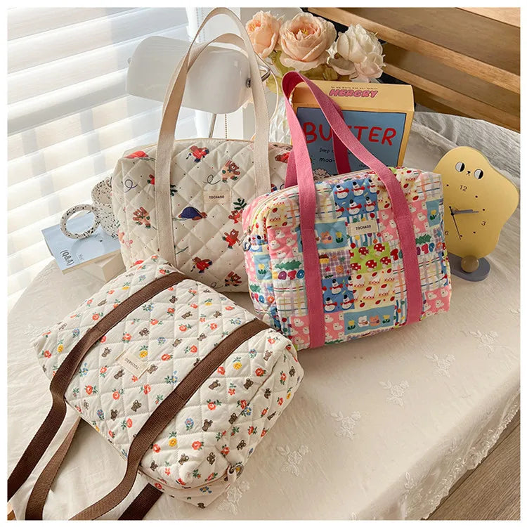 Women's Floral Quilted Shoulder Bag — Large Capacity Cotton Linen Tote
