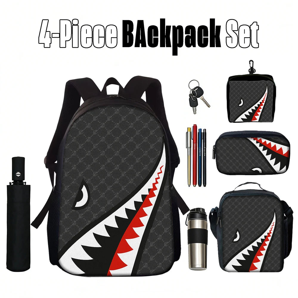 1/2/3/4/5PCS Trendy Shark Graphic Backpack Set | Perfect for School & Daily Adventures
