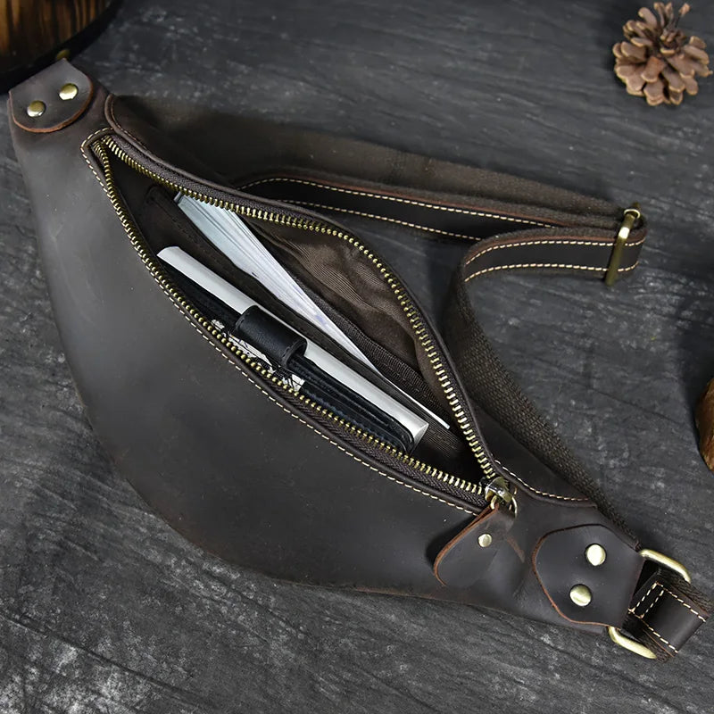 Newsbirds Men's Genuine Leather Chest Bag — Vintage Crossbody Sling & Outdoor Belt Pouch
