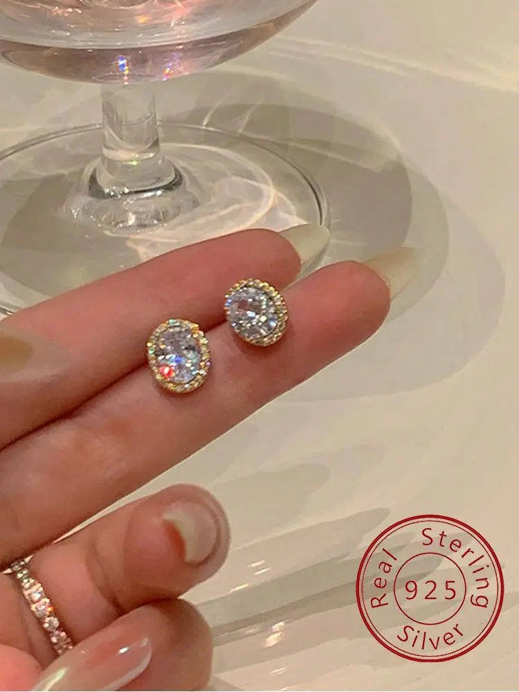 925 Sterling Silver Oval Zircon Stud Earrings for Women – Luxury Classic Engagement Fine Jewelry