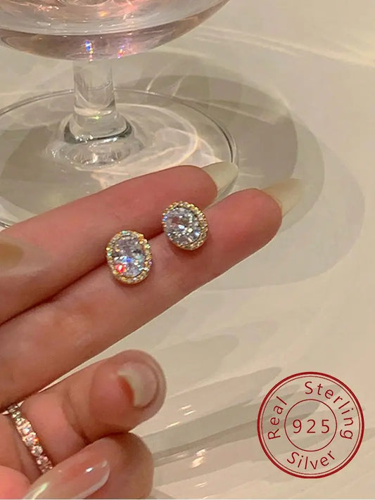 925 Sterling Silver Oval Zircon Stud Earrings for Women – Luxury Classic Engagement Fine Jewelry