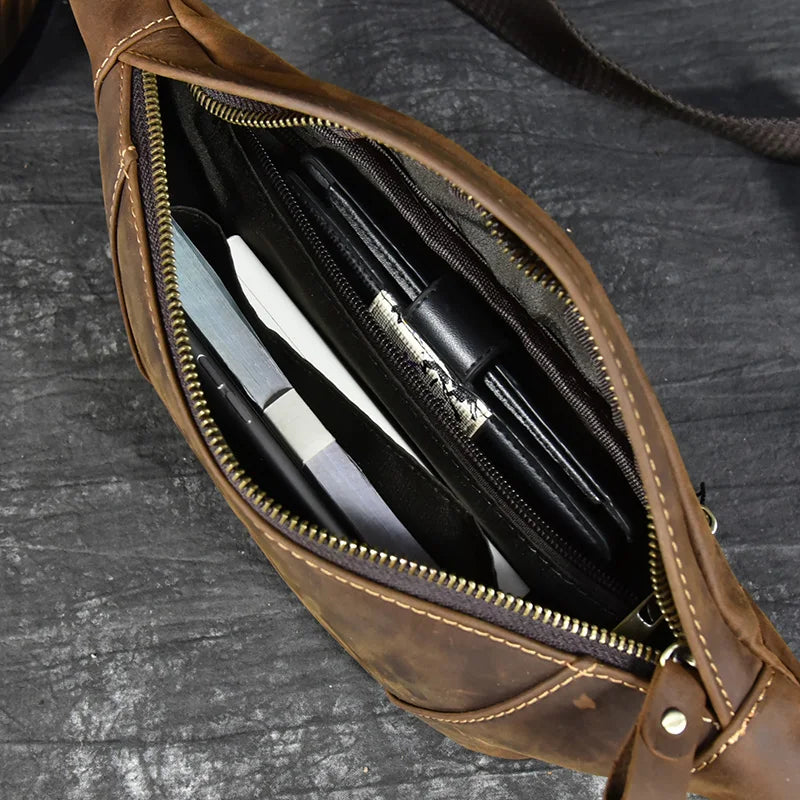 Newsbirds Men's Genuine Leather Chest Bag — Vintage Crossbody Sling & Outdoor Belt Pouch