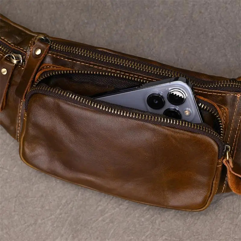 Newsbirds Men's Genuine Leather Chest Bag — Vintage Crossbody Sling & Outdoor Belt Pouch