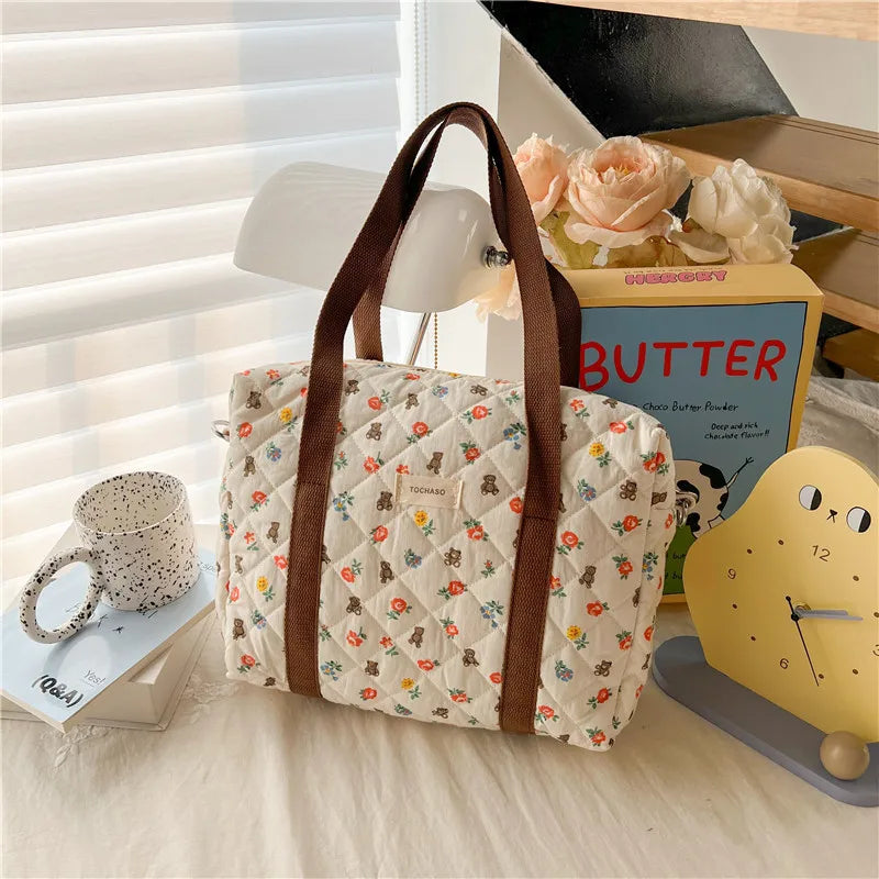 Women's Floral Quilted Shoulder Bag — Large Capacity Cotton Linen Tote