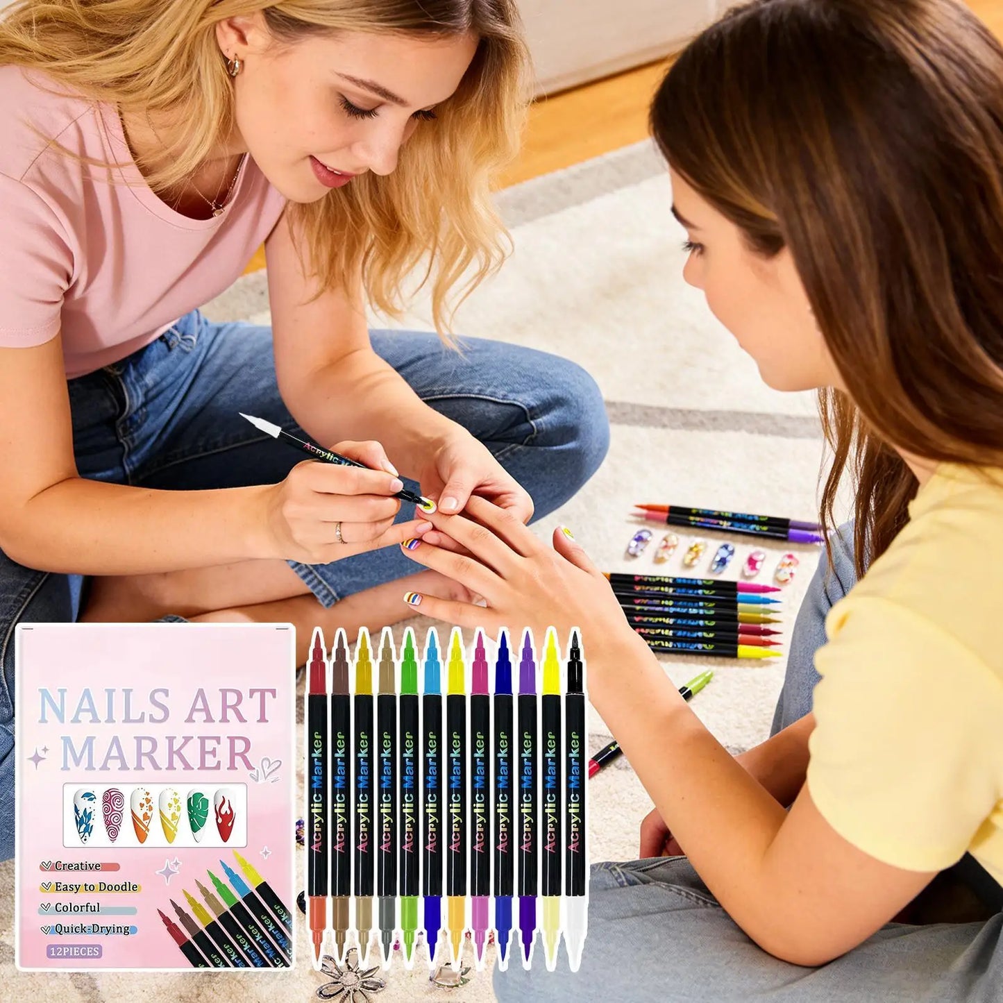 12 Colors Nail Polish Pens — Dual-Ended Quick Dry Nail Art Markers