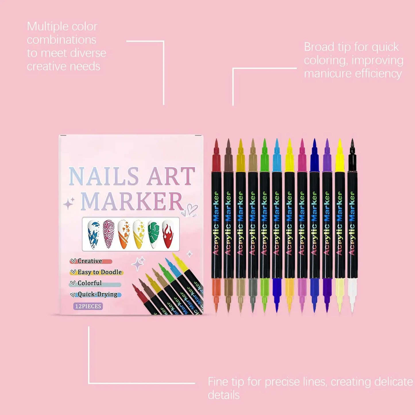 12 Colors Nail Polish Pens — Dual-Ended Quick Dry Nail Art Markers