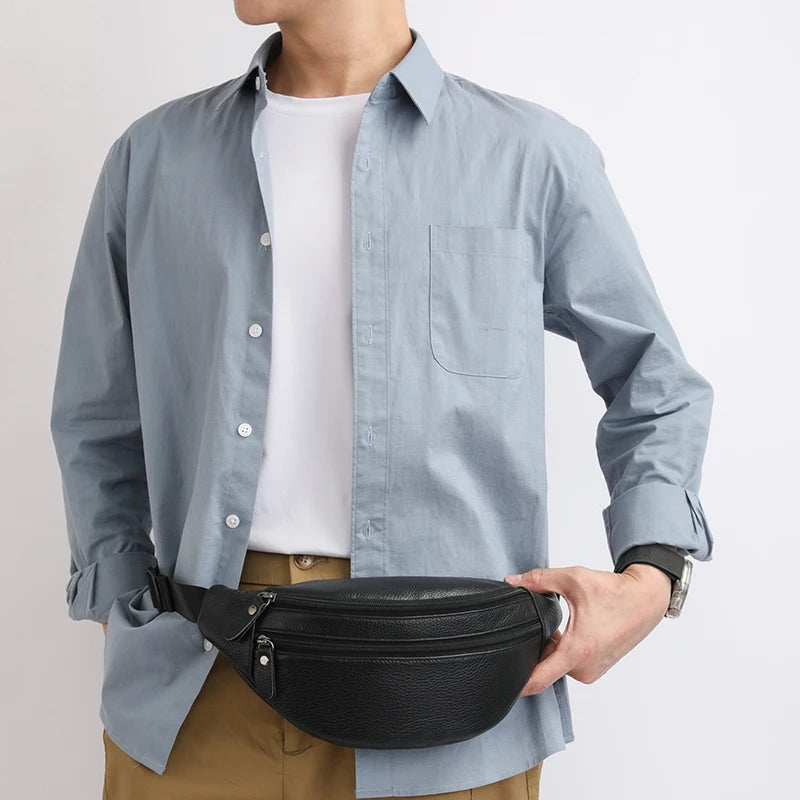 Minimalist Genuine Leather Waist Bag — Unisex Vintage Pebbled Crossbody Chest Pack
