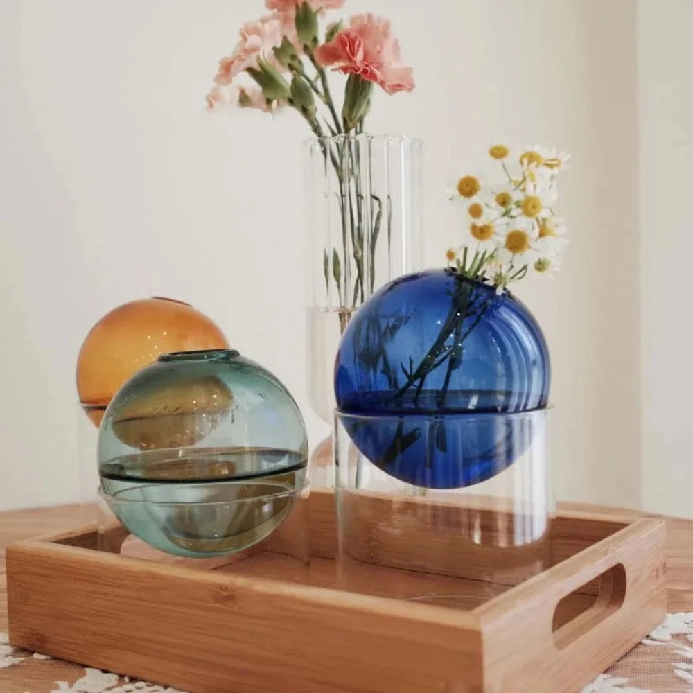 Nordic Colored Glass Decorative Vase Spherical Hydroponic Flower Planter for Home Desk Decor Modern Tabletop Flower Arrangement