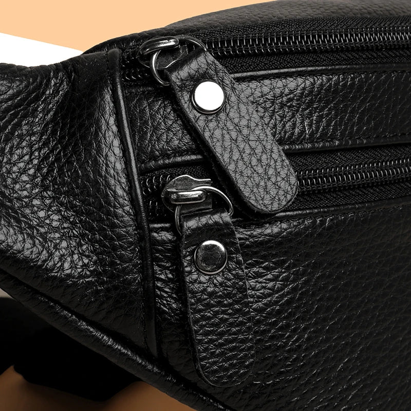 Minimalist Genuine Leather Waist Bag — Unisex Vintage Pebbled Crossbody Chest Pack