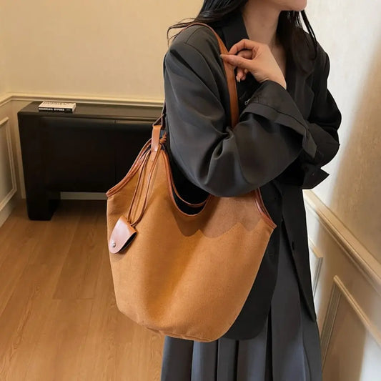 Women's Large Capacity Suede Shoulder Bag — Retro Korean Style Tote Handbag