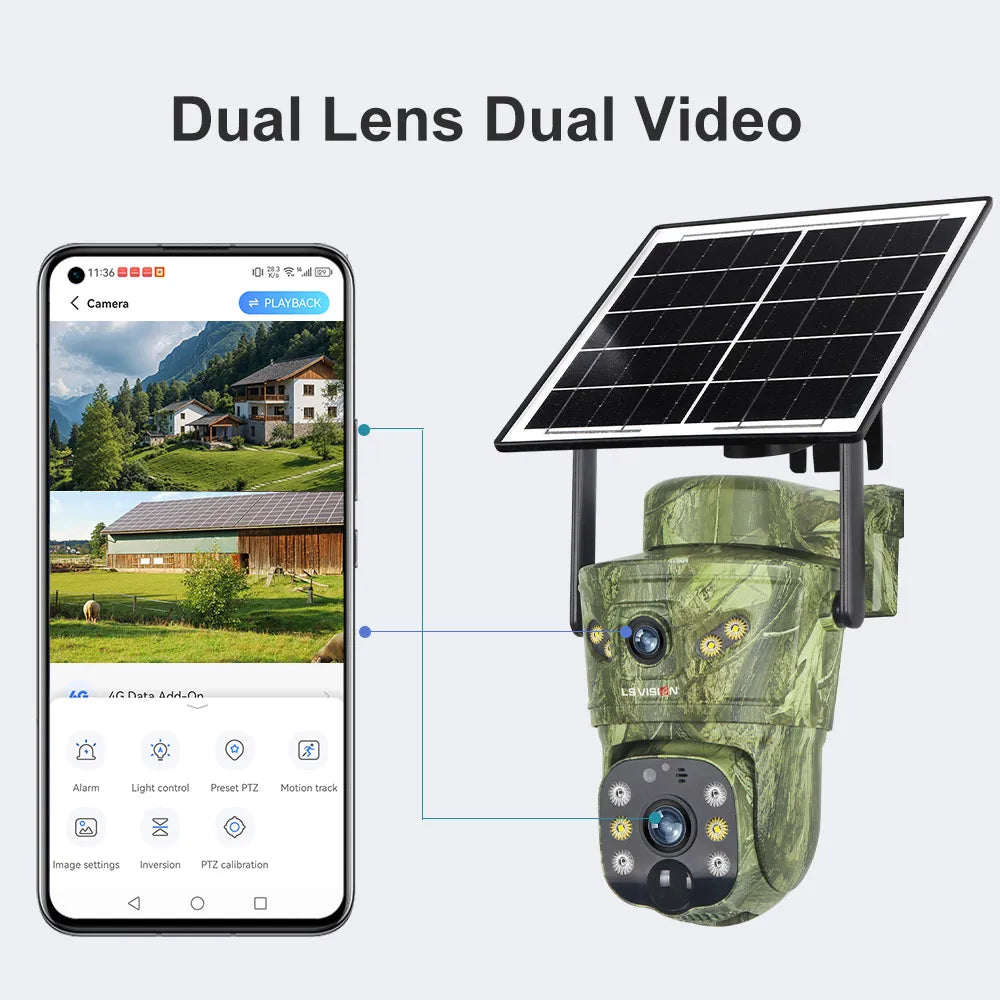 LS VISION 4K Dual Screen 4G Solar Hunting Camera Outdoor WiFi PTZ Human/Animal Detection 2-Way Talk Waterproof Security Cameras