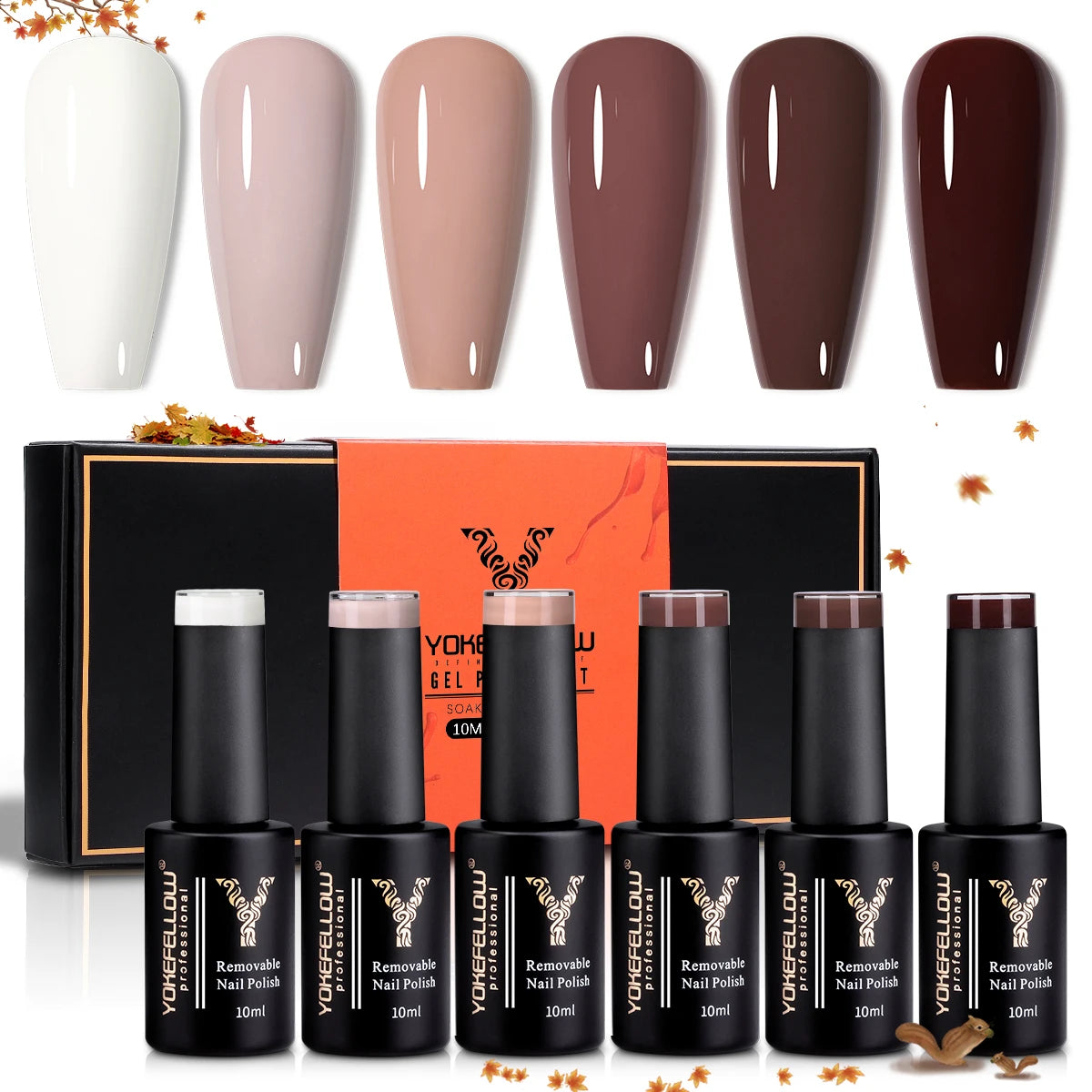 YOKEFELLOW 6-Piece Gel Nail Polish Set | Fall & Winter Seasonal Colors | UV/LED Semi-Permanent Gel Varnish